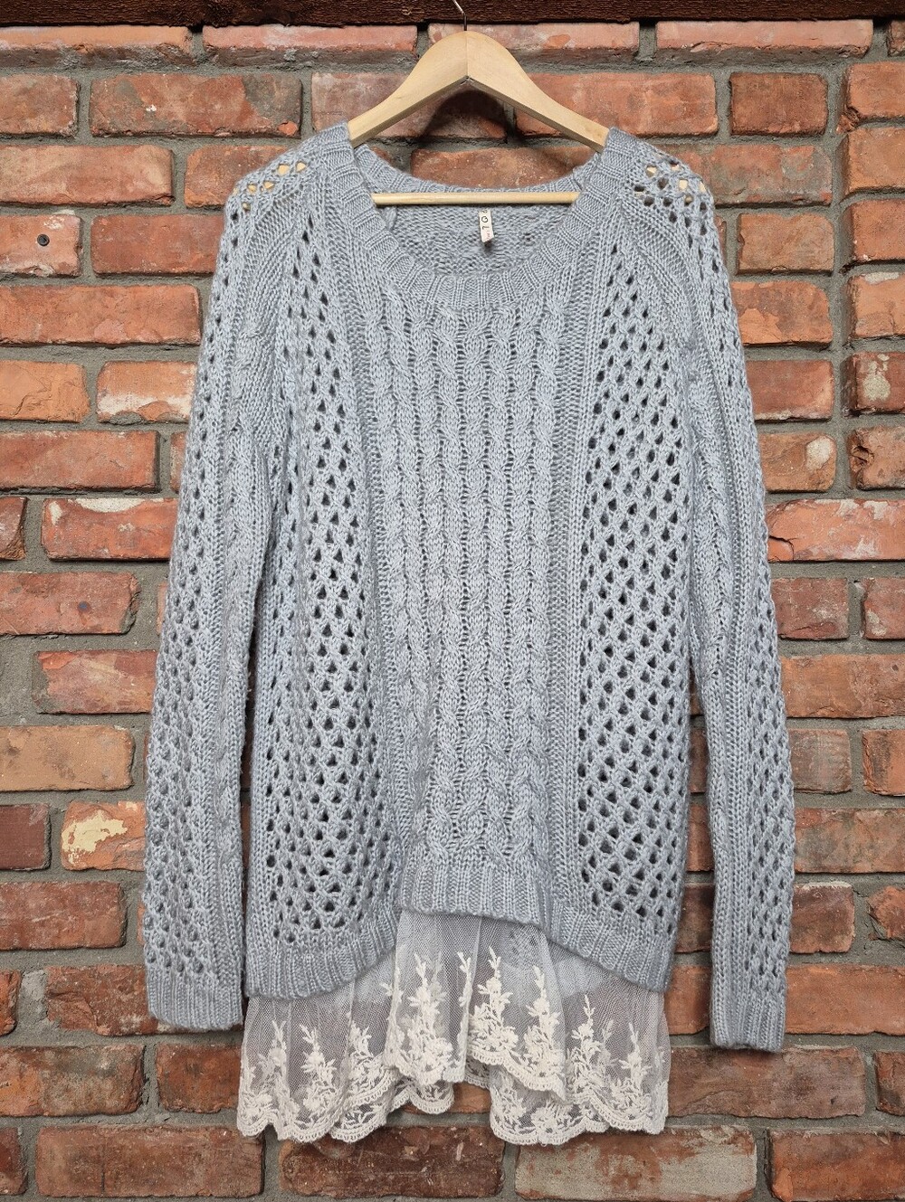POL Lace Hem Cable Knit Sweater Tunic Openwork Embroidered Layered Pullover